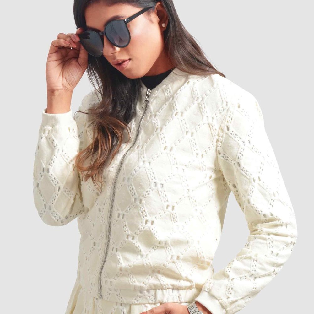 OLGYN Women’s Off-White Lace Bomber Jacket